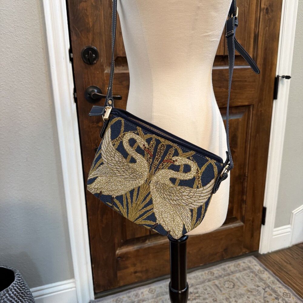 Tapestry Crane Swan Pair Crossbody Bag Signature Brand Blue Gold